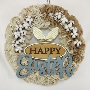 Handmade Holiday - Happy Easter Burlap Cotton Welcome Wreath Handmade Holiday - Happy Easter Burlap Cotton Welcome Wreath